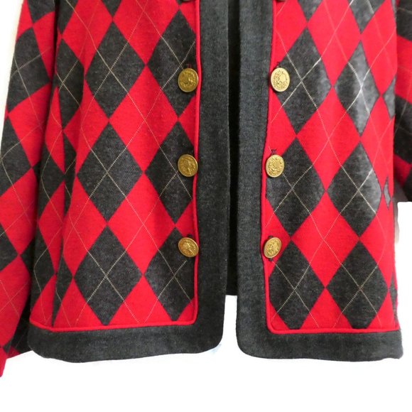 Vintage Stuart Alan USA Cardigan Diamond Plaid Argyle Red Gray Preppy XL - Picture 2 of 10